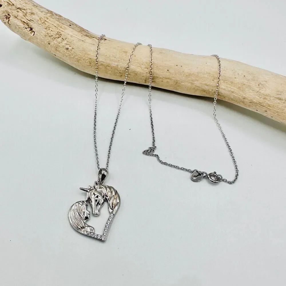 Horse With Girl & Heart CZ Sterling Silver Necklace